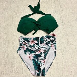 NEW Tempt Me 2 Piece Solid Top Tropical Bottom Sz Medium Multicolor High Waist